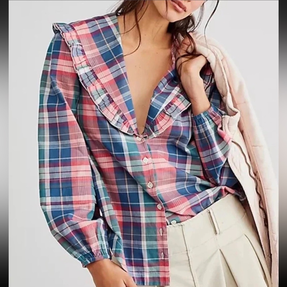 Free People Pink and Blue Plaid Ruffle Collar Button-Up Top - Picture 2 of 7